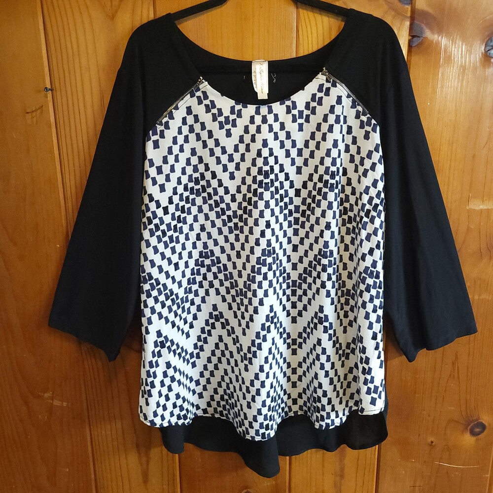 Perseption women 3xl xxxl Black White Polyester Navy Abstract 3/4 Sleeve Blouse
